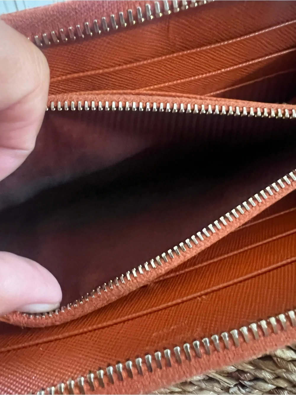 PRADA Orange Saffiano Leather Zip Around Continental Wallet